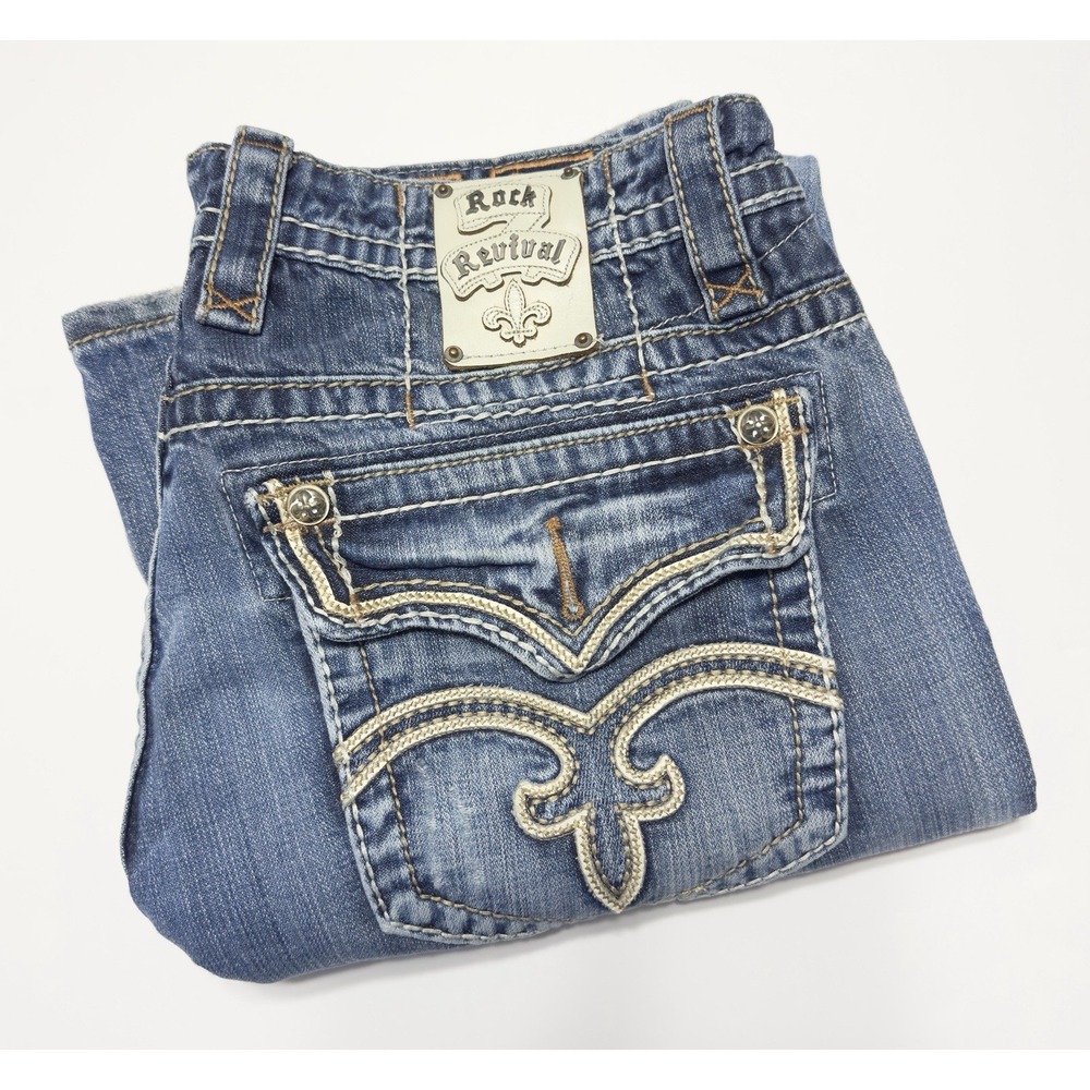 Rock Revival Men's Tucker Distressed Bootcut Jeans Size 38x32 Embroidered Logo